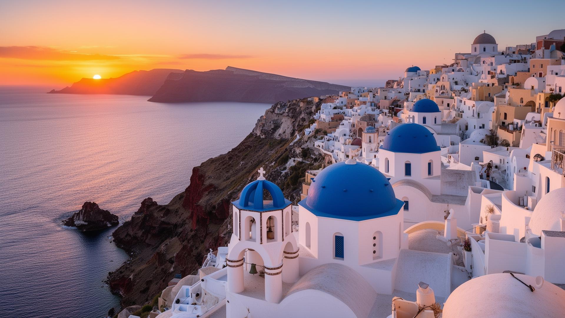 Santorini witte huizen met blauwe koepels bij zonsondergang over caldera