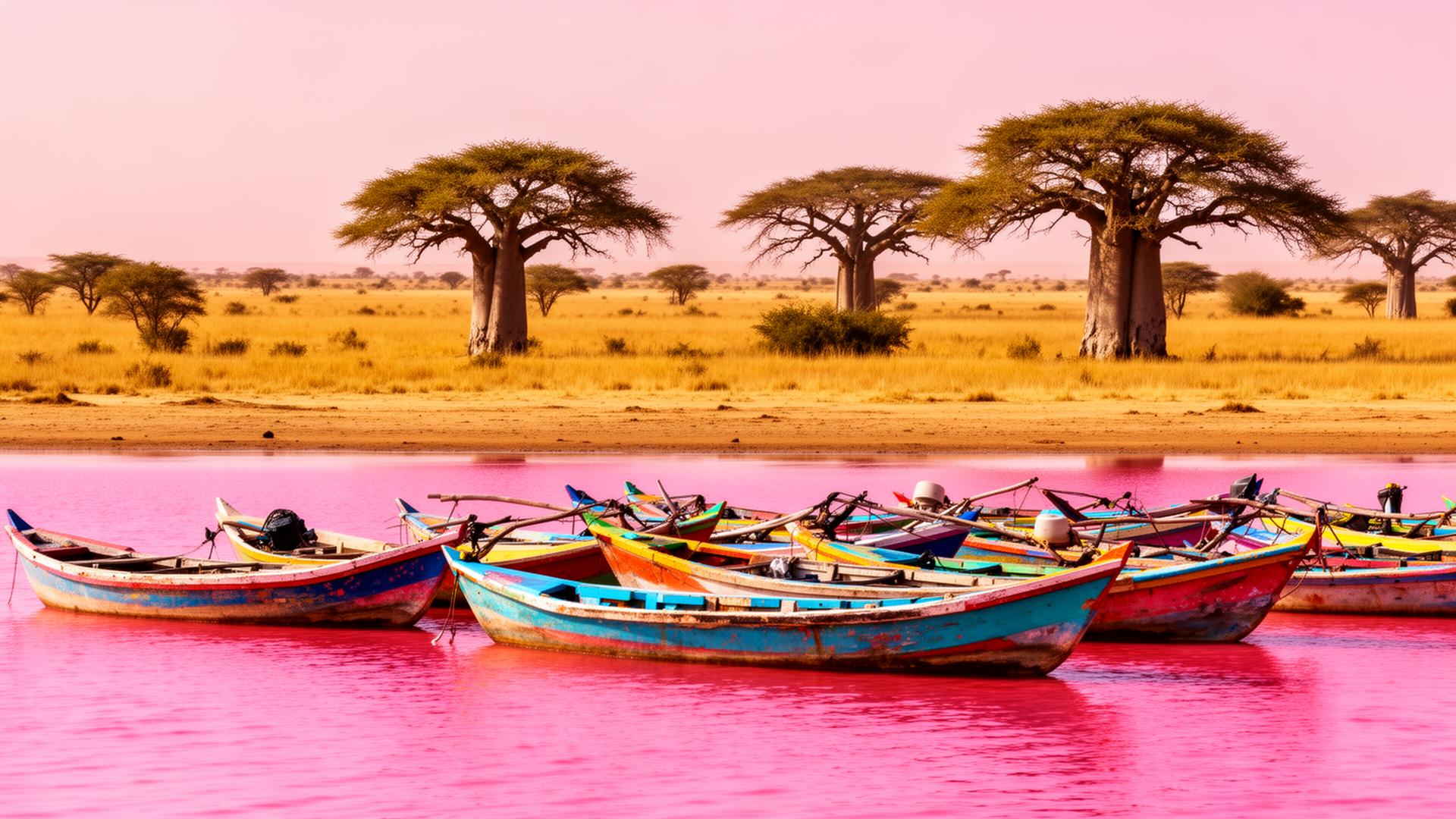 Senegal landschap met kleurrijke pirogues en baobabbomen
