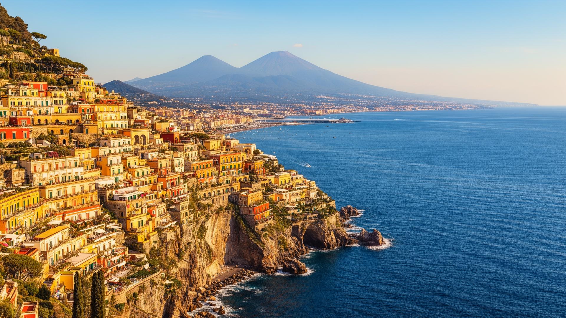 Sorrento kustlijn met kleurrijke gebouwen en uitzicht op de Vesuvius