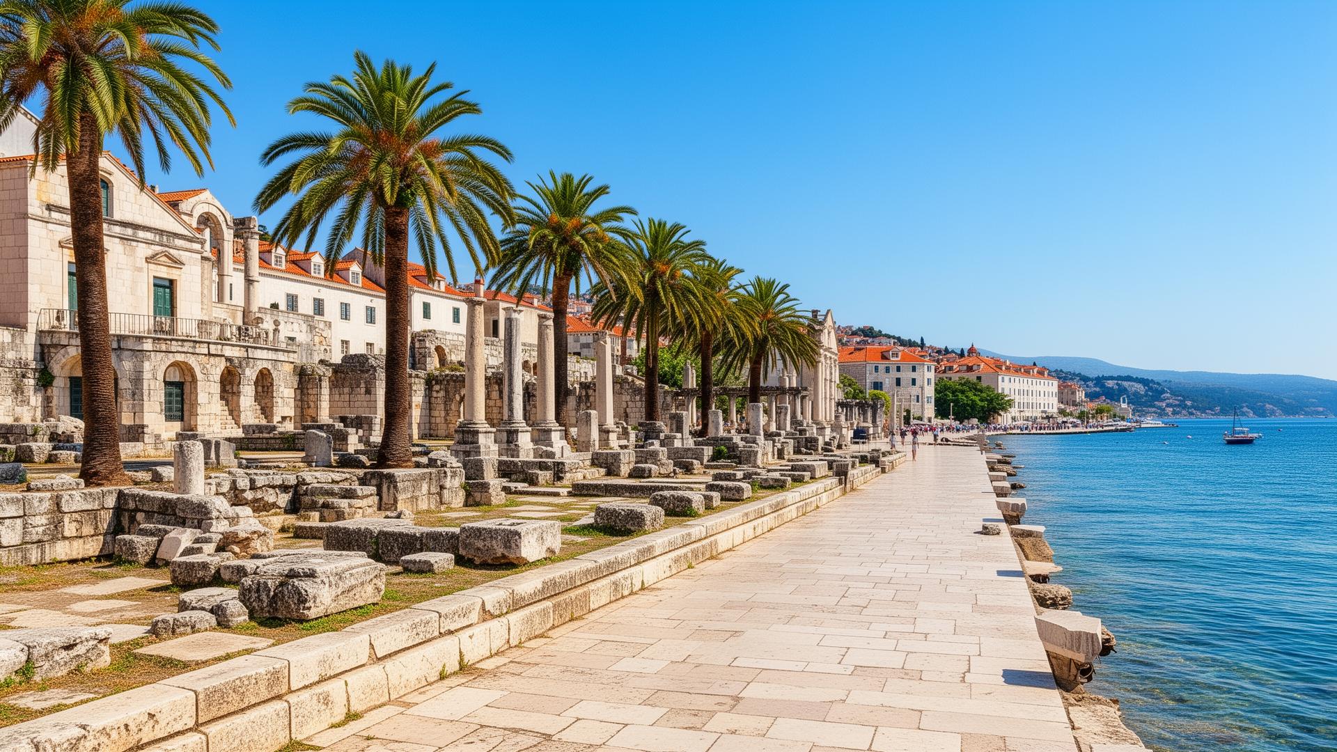 Split Riva promenade met palmen en Diocletianus Paleis
