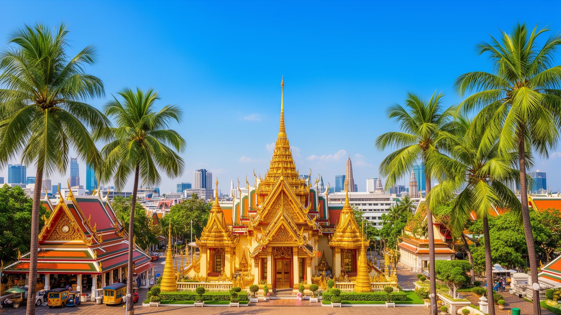 Gouden Boeddhistische tempel in Thailand met palmbomen en Bangkok skyline