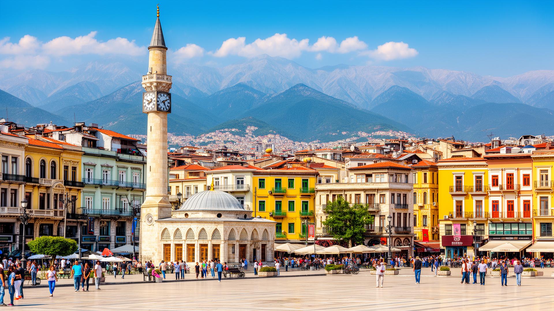Skanderbeg Plein in Tirana met standbeeld en gebouwen
