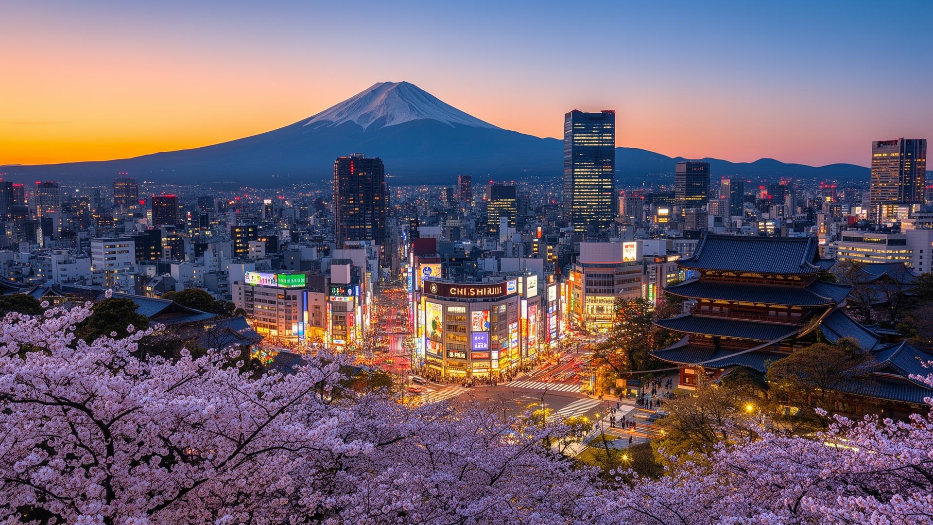 Tokio skyline bij nacht met neonlichten van Shibuya en Tokyo Tower