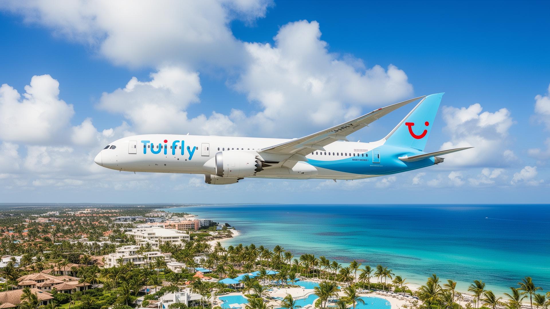 TUIfly Boeing vliegtuig boven tropische vakantiebestemming