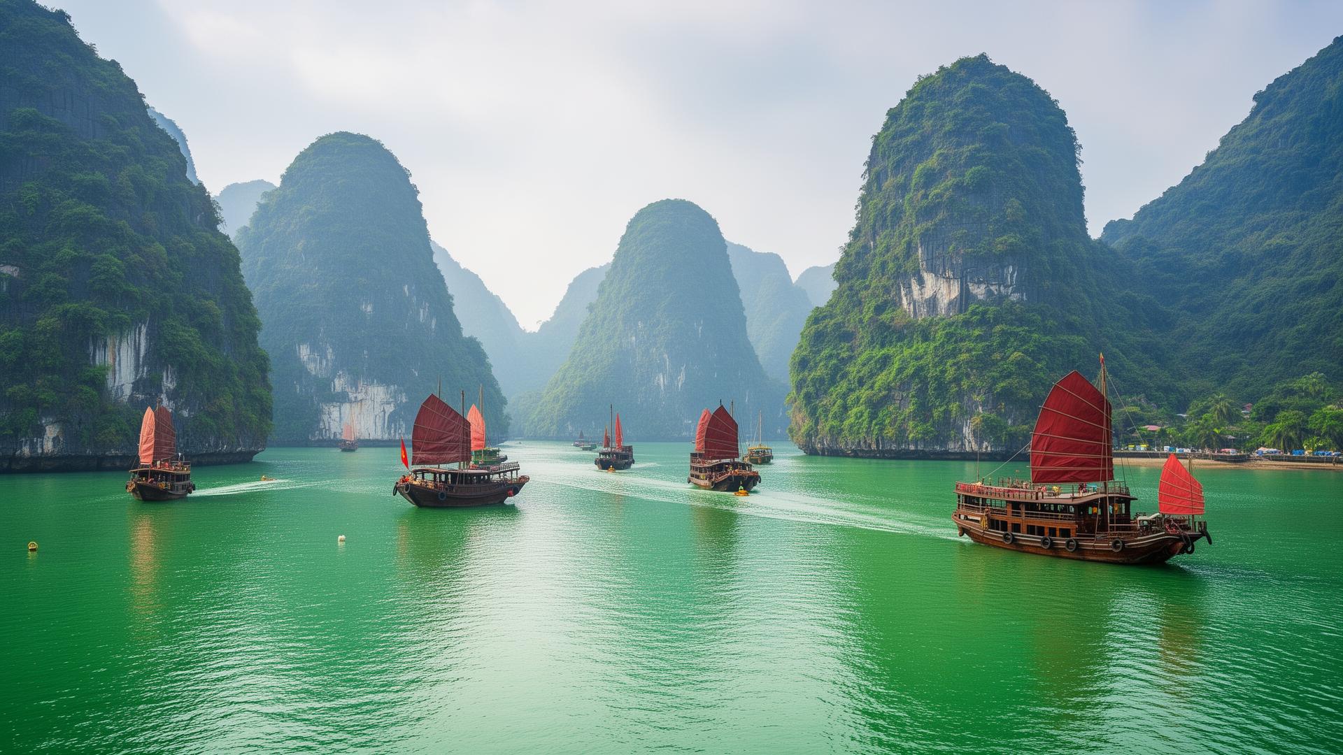Ha Long Bay Vietnam met traditionele junkboten tussen kalksteenrotsen
