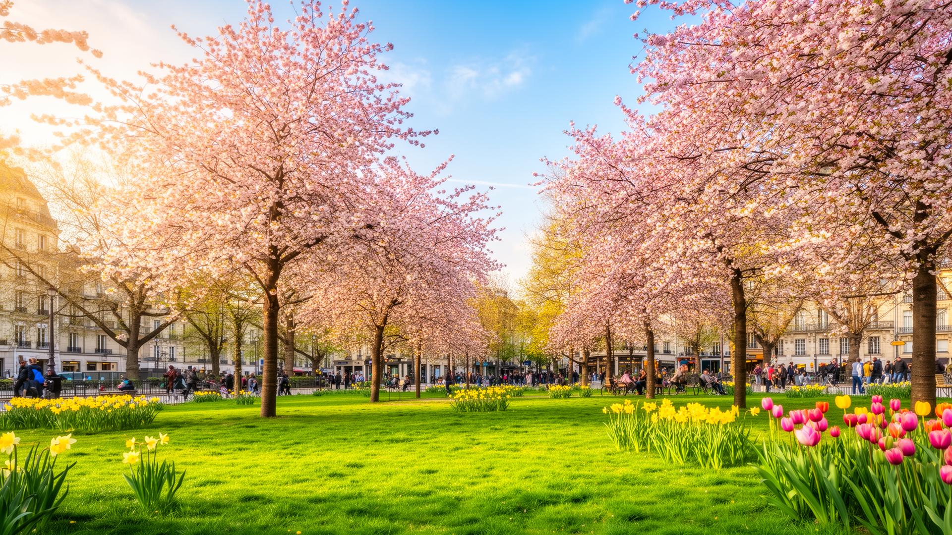 Bloeiend voorjaarspark met kersenbloesem en tulpen - voorjaarsvakantie